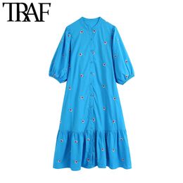TRAF Women Chic Fashion Floral Embroidery Ruffled Midi Dress Vintage Puff Sleeve Button-up Female Dresses Vestidos 210415
