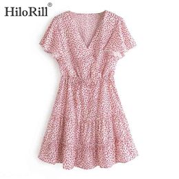 Summer Women Floral Printed Mini Dress V Neck Short Sleeve Boho Beach Elastic Waist Casual Sundress Vestidos 210508