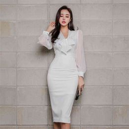 White Bodycon Dress for women Summer korea Long Lace Sleeve bow neck Sundress Sexy Ladies Office Midi Dresses 210602