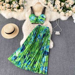 Summer Bohemian Women Floral Printed Short Strapless Lace Crop Tops + High Waist Pleated Long Skirt Two Piece Set 210416