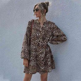 Leopard Print Lantern Sleeve Winter Dress Women Casual Loose Button Up Short V Neck Khaki 210427