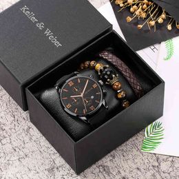 Personality Men Watch Bracelet Set Men's Black Quartz Watches for Man Leather Strap Pin Buckle Brown Gift Male