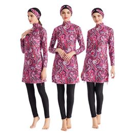 Swim Wear Floral Conservative Swimsuit With Cap Pants Print Slim Three-Piece Plus Size Women Split Beach Suit Muslim Set Hijab Long Sleeve