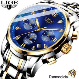 Mens Watches Sports Chronograph LIGE Luxury Waterproof Analog 24 Hour Date Quartz Watch Men Full Steel Wrist Watches Clock 210527