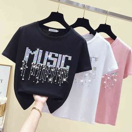 Beading Bling Letter T-Shirt Summer Women's Short Sleeves O Neck Tee Girls Pullover Casual Tops Tees A2874 210428