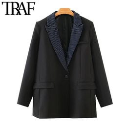 TRAF Women Fashion Single Button Polka Dot Blazers Coat Vintage Long Sleeve Pockets Female Outerwear Chic Tops 210415