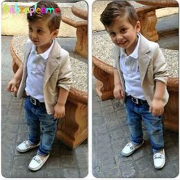 3PCS/2-8Years/Frühling Herbst Baby Jungen Kleidung Kinder Anzüge Casual Weiß T-shirt + Beige Jacken + Hosen kinder Kleidung Sets