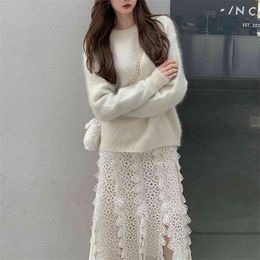 Autumn Winter Two Piece Set Suit Korean Women Elegant Office Lady Mink Fleece Sweater Pullover + All-Match Lace Long Skirt 210514
