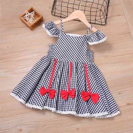 Summer Girls Plaid Dress Bow Lace Sling Sleeve Student Party Princess Baby Kids Clothing 210611
