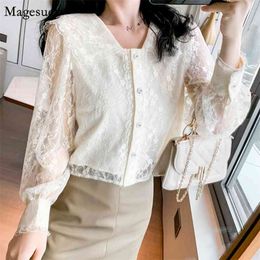 Fashion Hollow Out Elegant Blouses Women Casual Spring Embroidery Mesh Lace Women's Shirt V-neck Collar Solid Blouse Tops 13212 210512