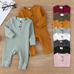 Summer Unisex born Baby Clothes Solid Colour Rompers Cotton Long Sleeve Toddler Romper Infant Clothing 3-18 Months 210816