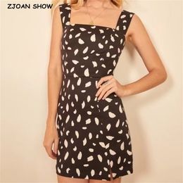 French Black Leopard Print Spaghetti Strap Dress Women Chiffon Hem Slit Dresses Party Fashion Female Clothes With lining 210429