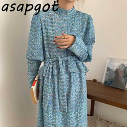 Chic Korean Autumn Temperament A Line Long Puff Sleeve Rainbow Floral Single Breasted Blue Stand Dress Ruffles Lace Up Waist 210610