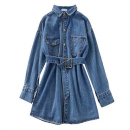 Denim Shirt Dress Blue Sash Turn Down Collar Long Sleeve Solid Pocket Mini Short High Street Autumn D0874 210514