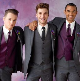 Men's Suits & Blazers 2021 Costume Homme Marriage Purple Waistcoat Mens Wedding Suit Grey Groomsmen Casual Groom Men Blazer Party 3 Pieces