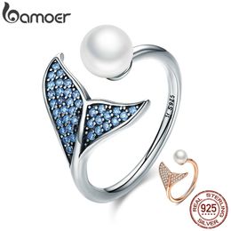 925 Sterling Silver Adjustable Dolphin Tail Blue CZ Finger Rings for Women Jewellery Gift SCR286 211217