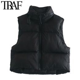 TRAF Women Fashion Hooded Hidden Inside Cropped Padded Waistcoat Vintage Sleeveless Zip-up Female Outerwear Chic Tops 210415