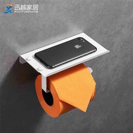 Wall Paper Holders White Aluminium Rolling Tissue Hanger Toilet Phone Holder Storage Rack WC Shelf Tray Bathroom Accessories 210720