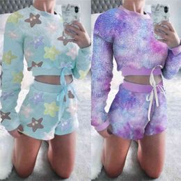 Comfort Casual Cute Fluffy 2 Pcs Matching Sets Solid Star Print Long Sleeve Crop Top And Lace Up Shorts Women Pyjamas Home Wear 210517