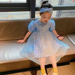 Summer Girls' Dress Bow Puff Sleeve Lattice Gauze Hazy Princess Dress+Headband Children'S Baby Kids Clothing For Girls 210625