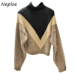 Panelled Design Faux Mink Cashmere Sweaters Fashion Turtleneck Pullovers All-match Casual Warm Knitted Tops 210422