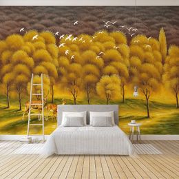 Custom Photo Wallpaper European Style Hand Painted Oil Painting Golden Forest Elk Flying Bird Mural Background Wall Home Decor