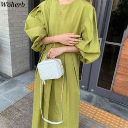 Korean Vintage Dress Women O Neck Puff Sleeve Maxi Dresses Female Solid Colour Casual Retro Chic Vestidos Mujer 210519