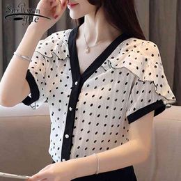 blouses woman summer short sleeve women ruffles v-neck dot chiffon top female womens tops and 4941 50 210508