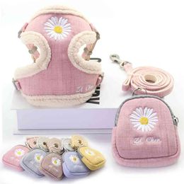 Dog Harness and Leash Set Snack Bag Soft Keep Warm Embroidery Cat Harnesses Leash for Small Medium Dogs Vest Outdoor Walking 210729