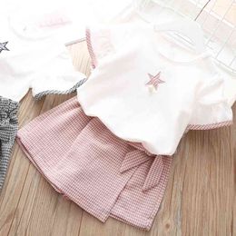 Girls Set Summer Style Toddler Kid Clothes Five-Pointed Star Short Sleeve + Plaid Shorts 2pcs ChildrenClothes 210515