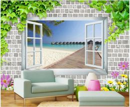 Wallpapers Custom Mural On The Wall 3d Paper Modern Green Leaf Window Beach Sea Water Flower Decor Po Wallpaper In Living Room