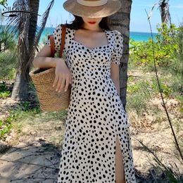 Chic Korea Summer Women Dress A-line Cotton Polka Dot Square Neck Vintage High Waist Slim Party Vestido 14121 210427