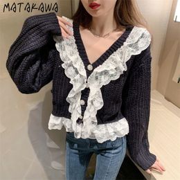 MATAKAWA Ruffled Lace Long-sleeved Cardigan Jacket Women's Coat Autumn and Winter V-neck Loose Knit Sweater Fall Women 210513
