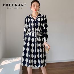 Argyle Long Sleeve Korean Dress For Women Spring Lace Up Knee Length Plaid Modest Collar Black And White 210427