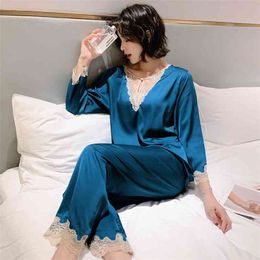 Daeyard Sexy Lace Trimmed Pyjama Set For Women Spring Summer Long Sleeve Silk Pyjamas Soft Sleepwear Casual Homewear 2Pcs Pijama 210830