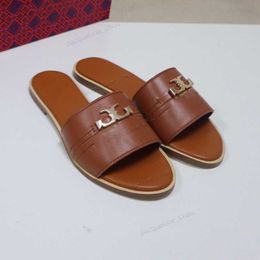 Slippers women summer slides fashion flat slide open toe soft genuine leather buckle luxury flip flops with box Size 35-42