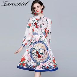 Summer Elegant Diamonds Beading Vacation Women Lantern Sleeve Bow Tie Collar Floral Print Vintage Shirt Midi Dress 210416