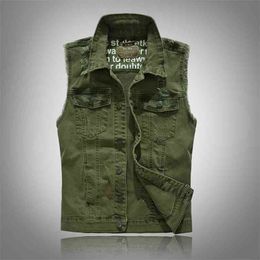 vests Slim Fit Cowboy Male Jacket Vest Ripped Denim Men's Sleeveless Casual Waistcoat Mens Jean Coat Green 210923