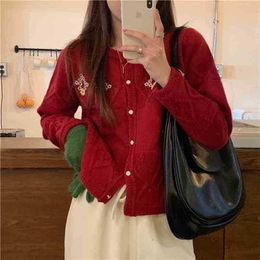 Sweet Sweater Embroidery Warm Spring Elegant Solid Retro Soft High Street Knitted Cardigans Casual Coat Top 210525