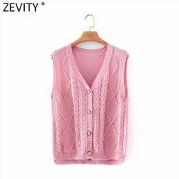 Zevity Women V Neck Candy Color Twist Crochet Knitting Vest Sweater Femme Chic Sweet Breasted Waistcoat Cardigans Tops S618 210603