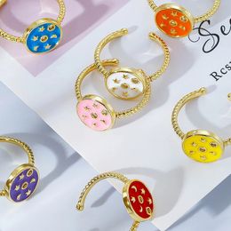 Trendy Korean Women's Gold Alloy Star&Moon Charms Open Ring Y2K Dripping Oil Round Rings Finger Jewelry