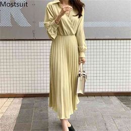 Solid Elegant Women Long Dress Spring Full Sleeve V-neck A-line Pleated Dresses Fashion Office Ladies Vestidos Mujer 210513