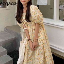 Ezgaga Women Dress Summer Korean Chic Floral Printed Square Collar Loose Vintage Gentle Fashion Puff Sleeve Vestido 210430