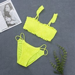 Brazilian Bikini Set Women Thong Swimwear Sexy Summer Neon Yellow Swimming Bathing Suit Ruffle String Biquini Bandeau 210520