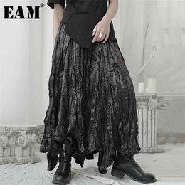 [EAM] High Elastic Waist Black Pleated Irregular Long Temperament Half-body Skirt Women Fashion Spring Autumn 1U965 210629