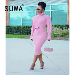 Knitted Women Pink Clothes O Neck High Waist With Belt Long Sleeve Office Dress Elegant Evening Party Midi Robe Wholesale 210525