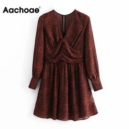 Chic Leopard Printed Chiffon Mini Dress Women Deep V Neck A Line Party Dresses Female Long Sleeve Summer Sundress 210413