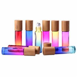 10mL Gradient Coloured Roll On Bottle Glass Essential Oil Perfume Bottle Stainless Steel Beads and Bamboo Wooden Covers T500639