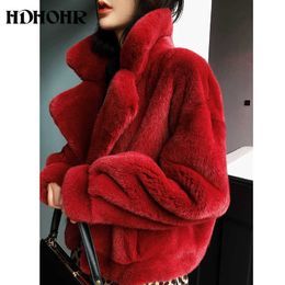 HDHOHR Nouveau manteau de fourrure de vison imitation femmes mode essentiel manteau de fourrure de vison naturel court noël rouge vêtements d'extérieur veste d'hiver Q0827