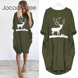 Jocoo Jolee Plus Size T Shirt Dress Women Casual Loose Tops Elk Print Sundress with Pockets Casual Long Tops Streetwear Vestidos 210619
